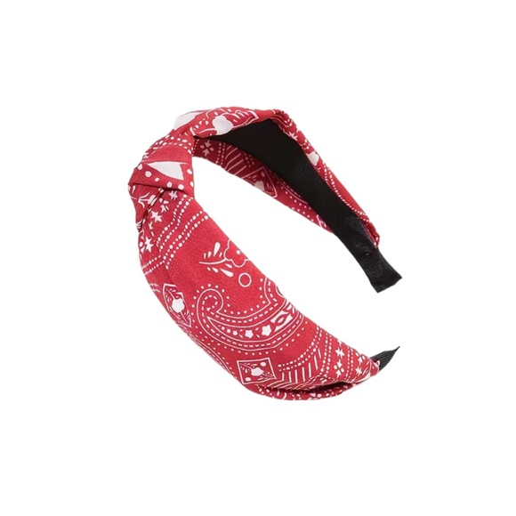 Boho Style Rich Red and White Fabric Knotted Headband - Picture 2 of 3